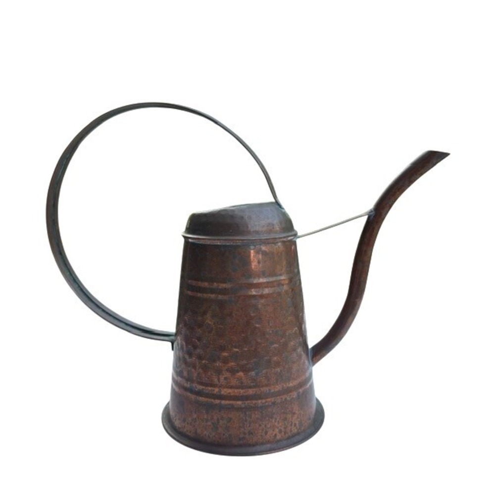 Vintage Hammered Copper Watering Can Large Circular Handle Gooseneck Spout 9in
